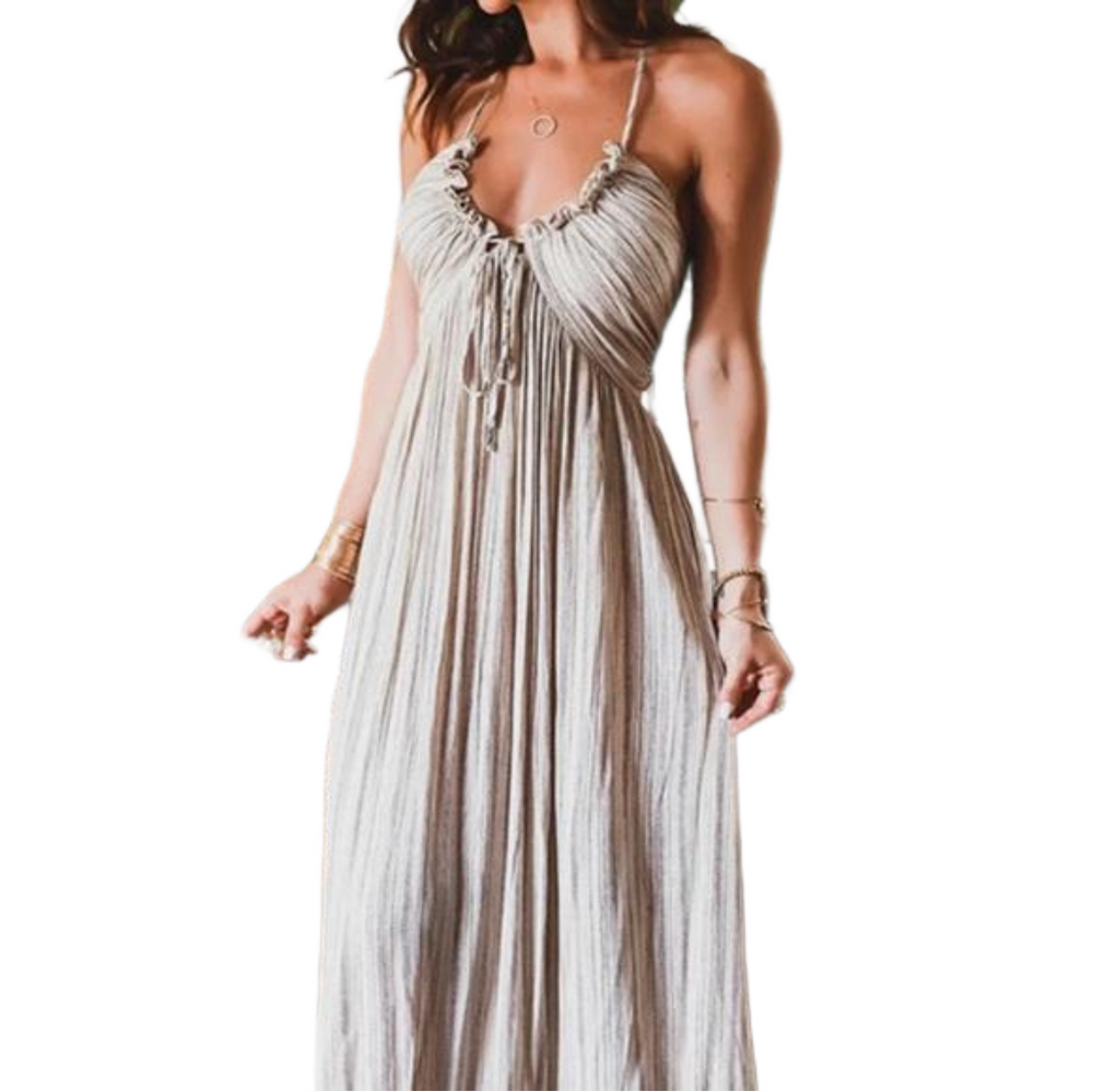 Commense Tan Ruched Maxi Sundress